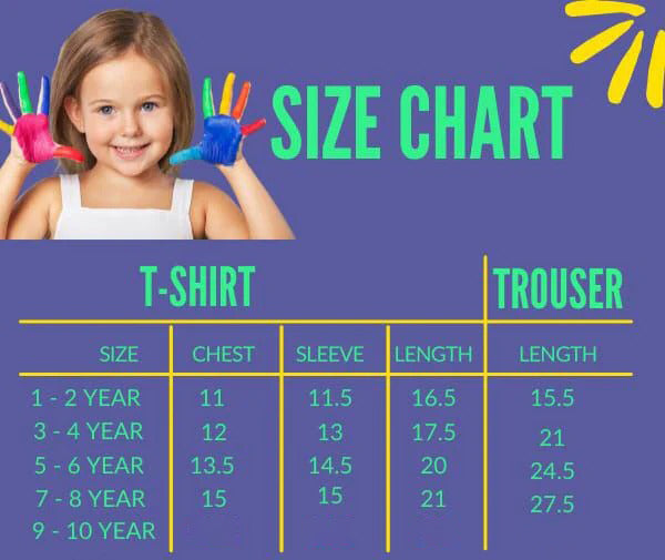 Size chart for T-shirt and trousers, measurements for 1–10 years