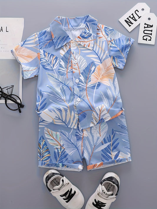 Sky blue floral kids short set with button-up shirt and matching shorts, leaf print