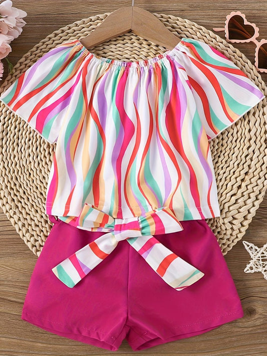 Rainbow kids short set with striped off-shoulder top and magenta bow-tied shorts