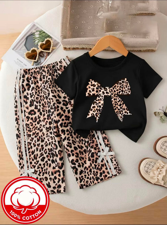Girls black leopard bow T-shirt and leopard print pants set