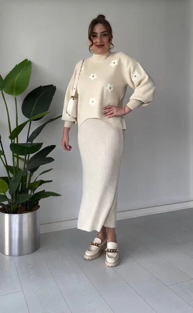 Cream ribbed bodycon midi dress with long sleeves and white flower appliques