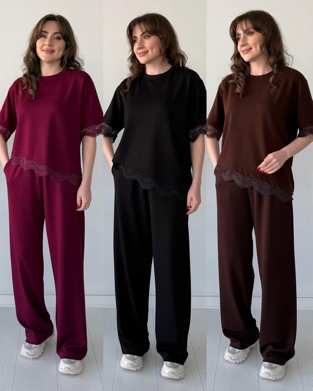 Lace-trim pajama sets in maroon, black, and brown with wide-leg pants and short tops