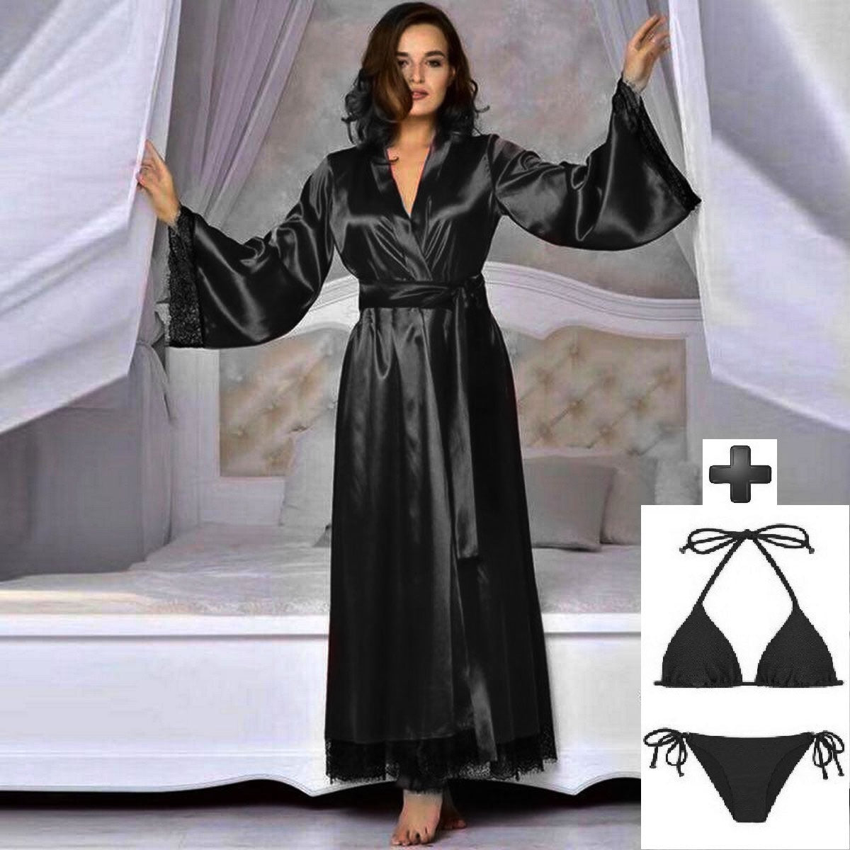 Black satin nightwear gown with matching bra and panty set