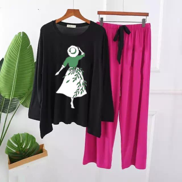 Printed loungewear set with black long-sleeve top and fuchsia drawstring pants