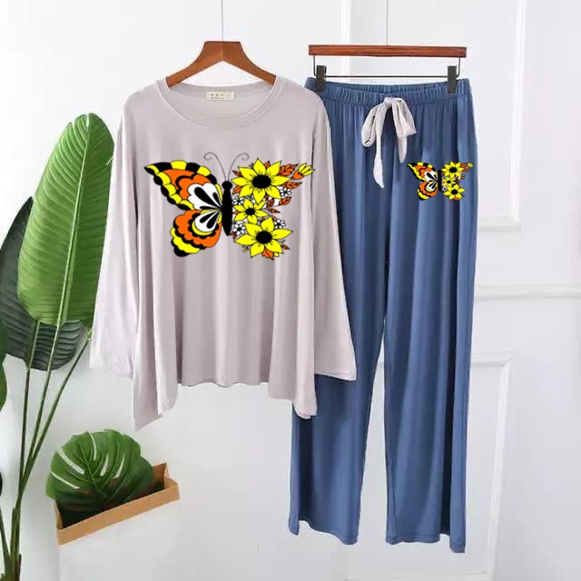 Women's butterfly printed loungewear: white top and blue drawstring pants