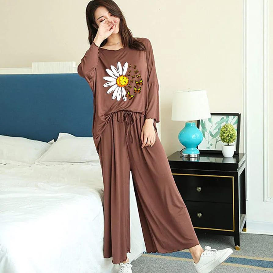 Brown daisy printed lounge set: long-sleeve top with daisy graphic, wide-leg pants