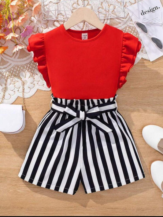 Baby girl red romper set with black striped shorts and ruffled sleeves