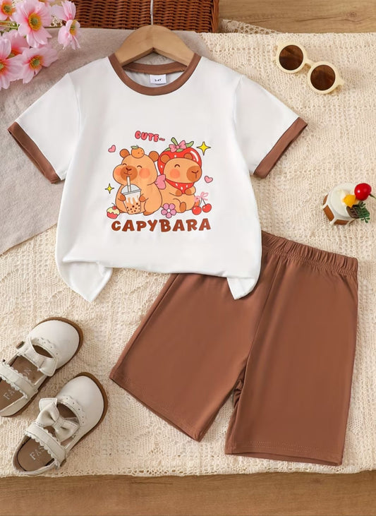 Capybara T-shirt outfit: white shirt with brown-trim sleeves and brown shorts