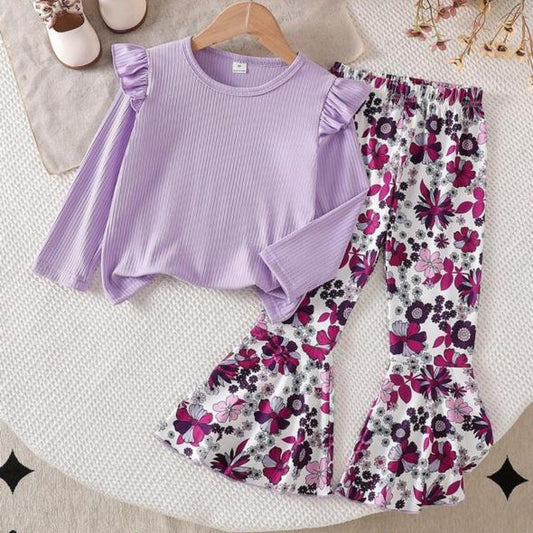 Lilac long-sleeve top with ruffled shoulders and matching floral flare pants set