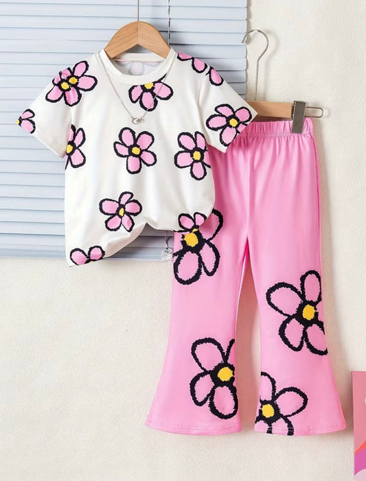 Floral short-sleeve top with elastic-waist flared trousers, white top and pink bottoms