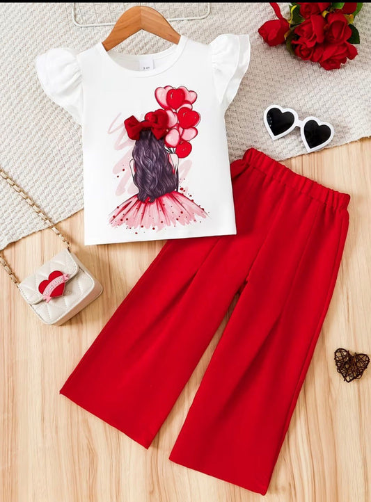 Girls red-and-white outfit set: white puff-sleeve top with hair-and-hearts print, red pants