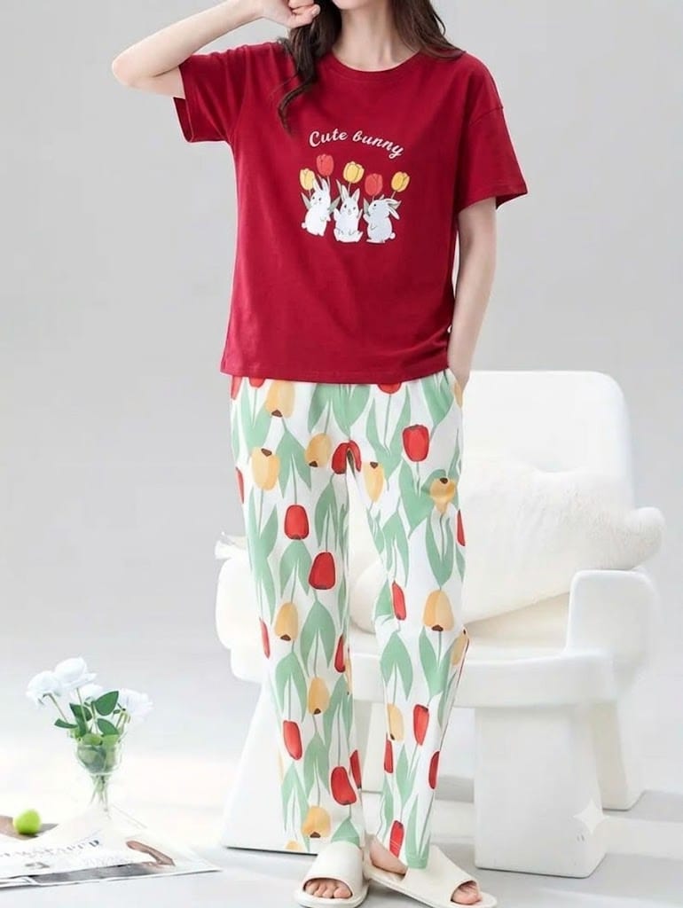Bunny Bloom lounge set: maroon bunny graphic t-shirt and tulip-pattern pajama pants