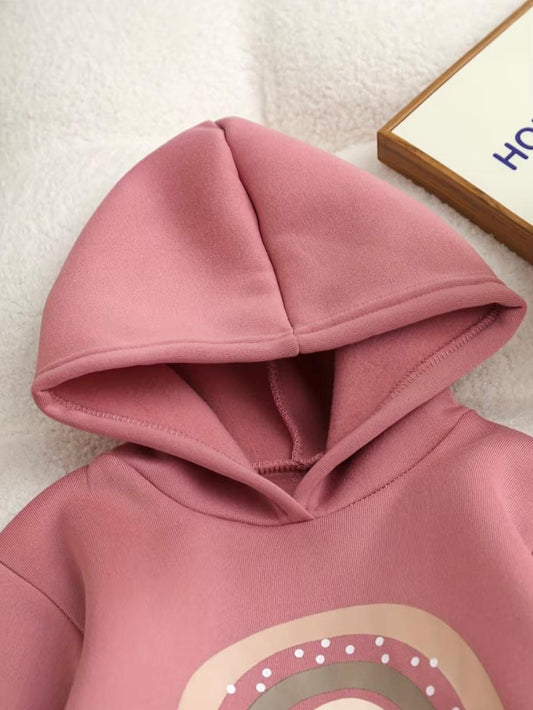 Be Kind hoodie set, dusty rose, close-up of hood and front graphic