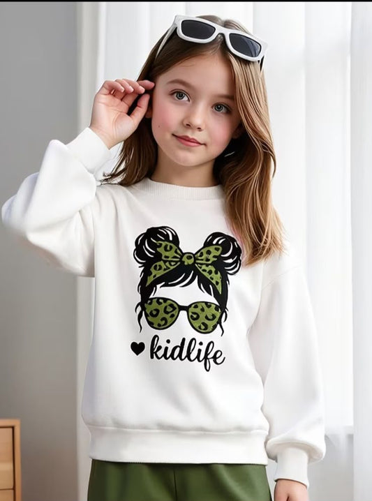 Kids sweatshirt: white pullover with black and green butterfly graphic