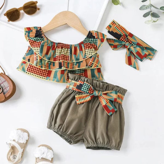 Geometric ruffle top and olive shorts set with plaid bow