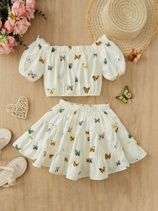 Girls' off-shoulder butterfly print top with puff sleeves and ruffle skirt set