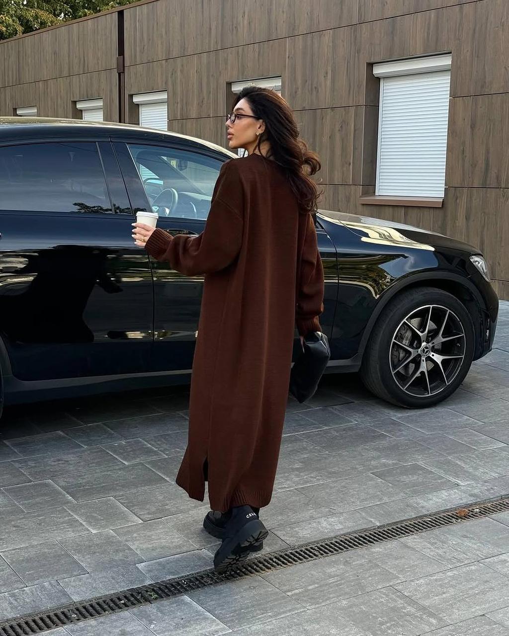 Dark maroon balloon-sleeve maxi dress with long sleeves and relaxed fit