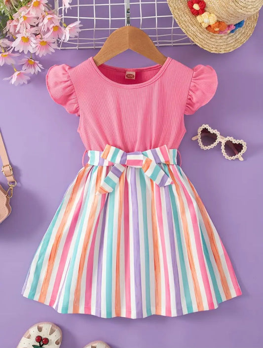 Baby girls pink short-sleeve dress with striped skirt, ruffle sleeves and belted waist