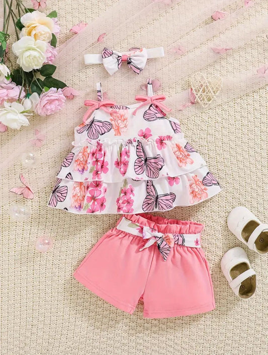 Floral butterfly print ruffle-hem top and pink shorts set with bow, layered look