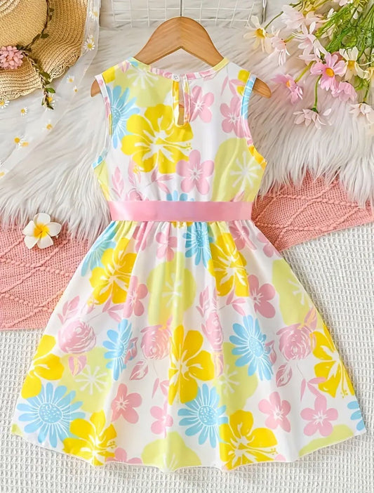 Girls sleeveless floral dress with waist belt, yellow pink blue flowers, full skirt