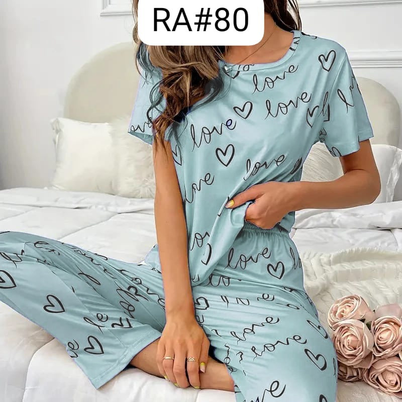 Light blue love-heart pajama set with short sleeves and matching pants