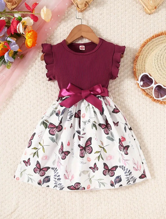 Baby sleeveless butterfly dress with berry knit top and satin bow at waist