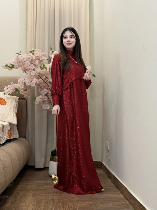 Maroon shimmer maxi set with draped cape hood