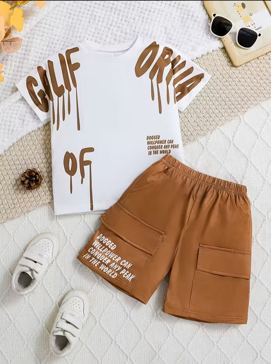 White graphic T-shirt and brown cargo shorts set with patch pockets