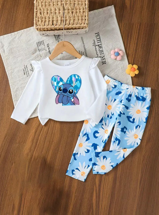 Girls cartoon graphic long-sleeve top and light-blue floral trousers set, heart print