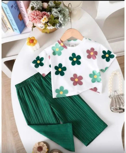 Girls floral flower print t-shirt set with green wide-leg pants, round neck