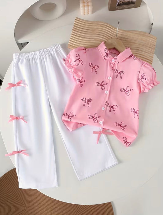 Girls pink bow-print puff-sleeve shirt and white wide-leg pants, 2-piece set