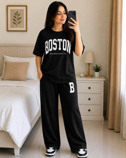 Black lounge set: T-shirt with Boston print and matching wide-leg sweatpants