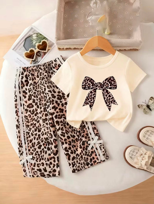 Girls leopard bow co-ord set with matching bow-front top and leopard bottoms