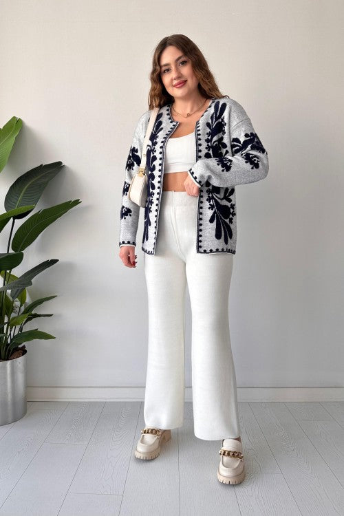 Floral winter co-ord set in grey: patterned jacket and wide-leg pants