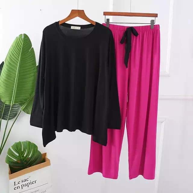 Women's long-sleeve home wear set, black top and magenta drawstring pants