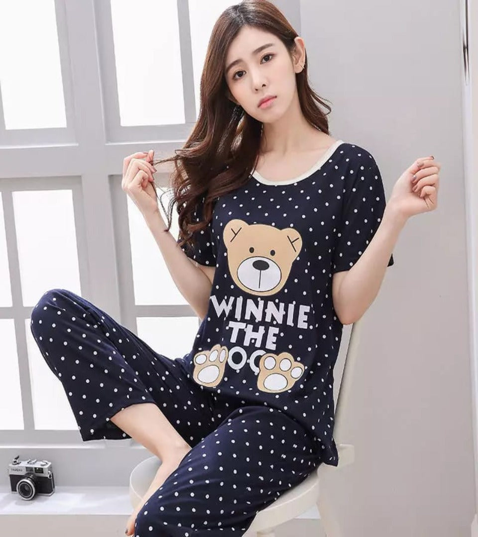 Navy blue Winnie the Pooh printed night suit PJ set with white dot pattern