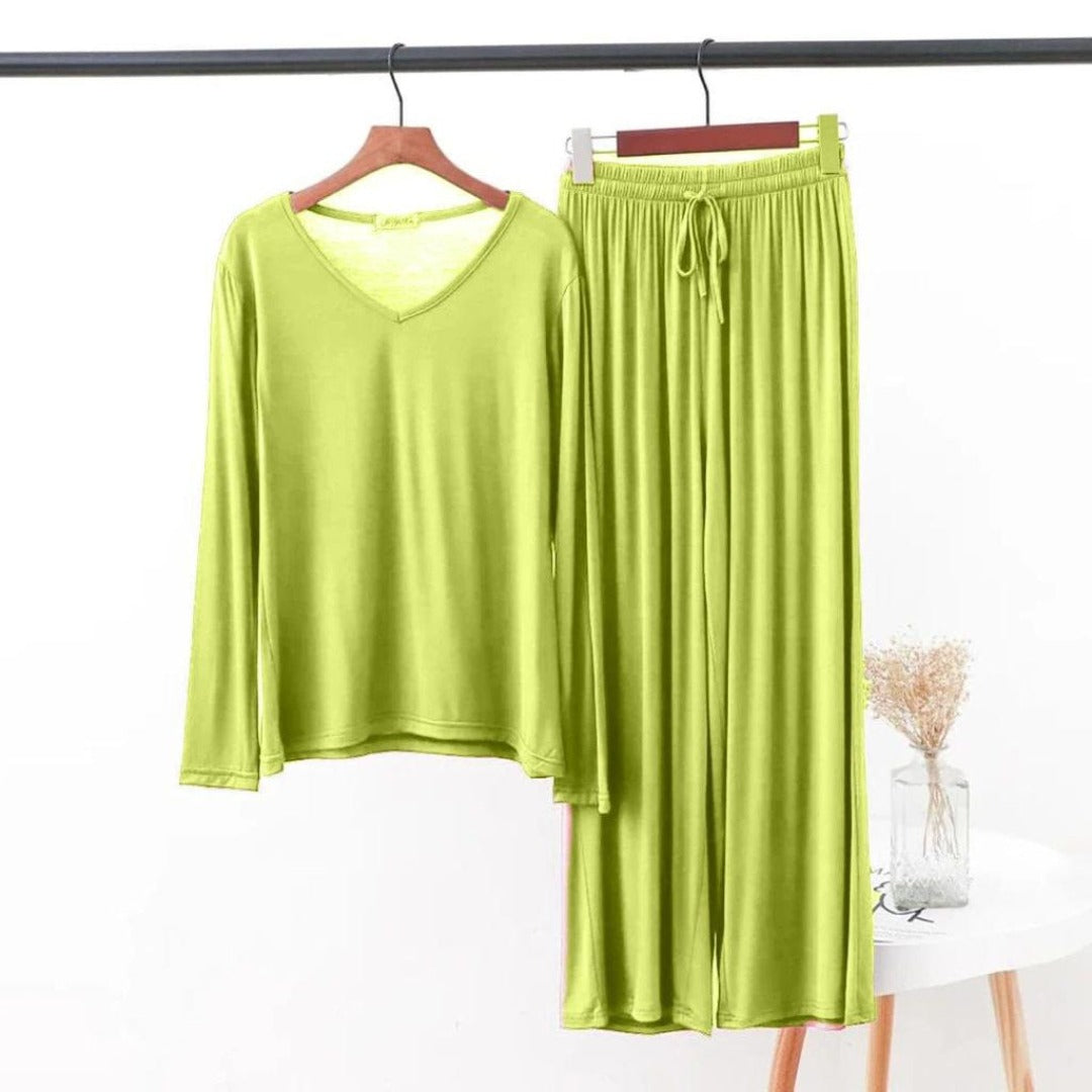 2-piece lime green V-neck lounge set: long-sleeve top and drawstring pants