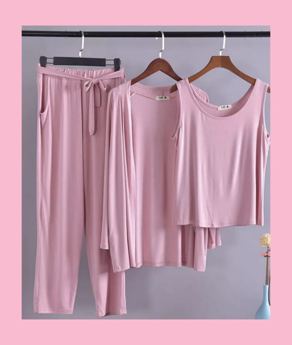 Light pink sleeveless top and drawstring pants, 3-piece home wear set