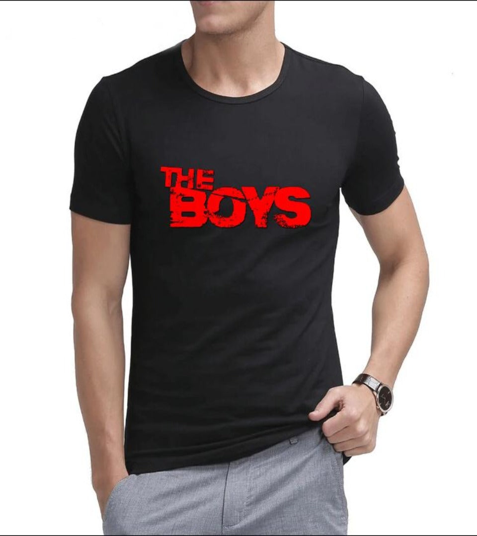 Boys printed T-shirt, black crew neck with red and blue “THE BOYS” graphic
