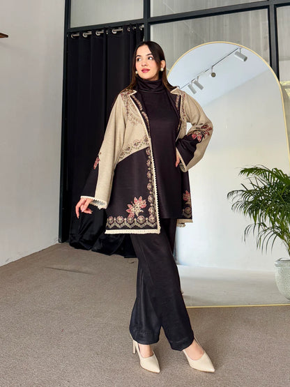 3-piece set with dark tunic dress, floral embroidery trim, beige outer cape, black pants