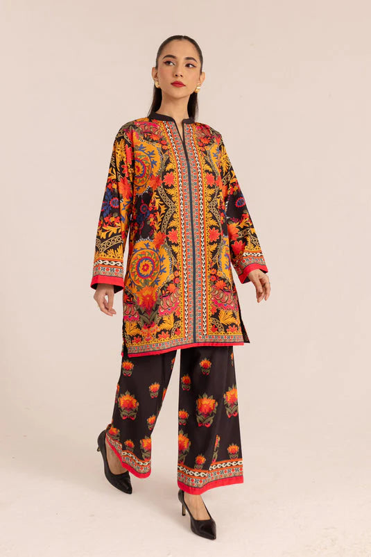 Women's printed tunic and palazzo pants set, long sleeves, multicolor border trim
