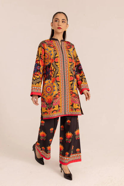 Women's printed tunic and palazzo pants set, long sleeves, multicolor border trim