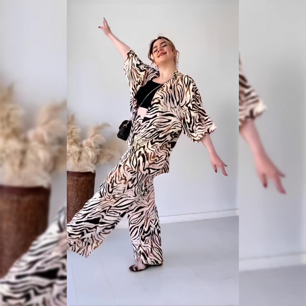 Zebra-print kimono-style top and wide-leg trousers co-ord set, full-body view
