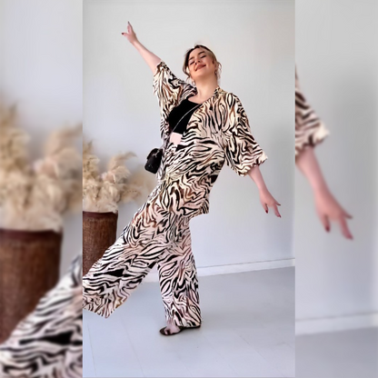 Zebra-print kimono-style top and wide-leg trousers co-ord set, full-body view