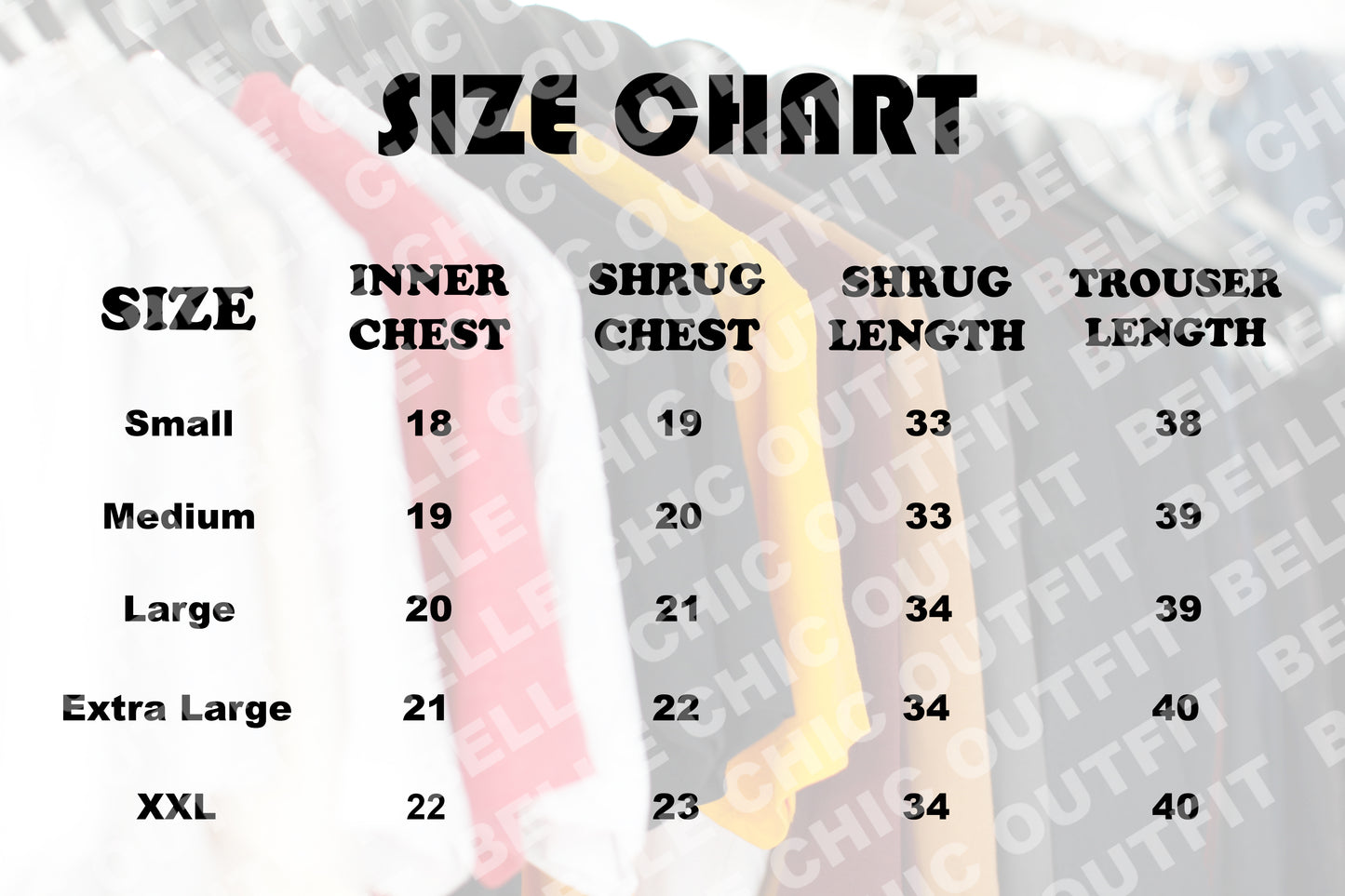 Size chart for 3-piece set: inner chest, shrug chest, trouser length, sizes S-XXL