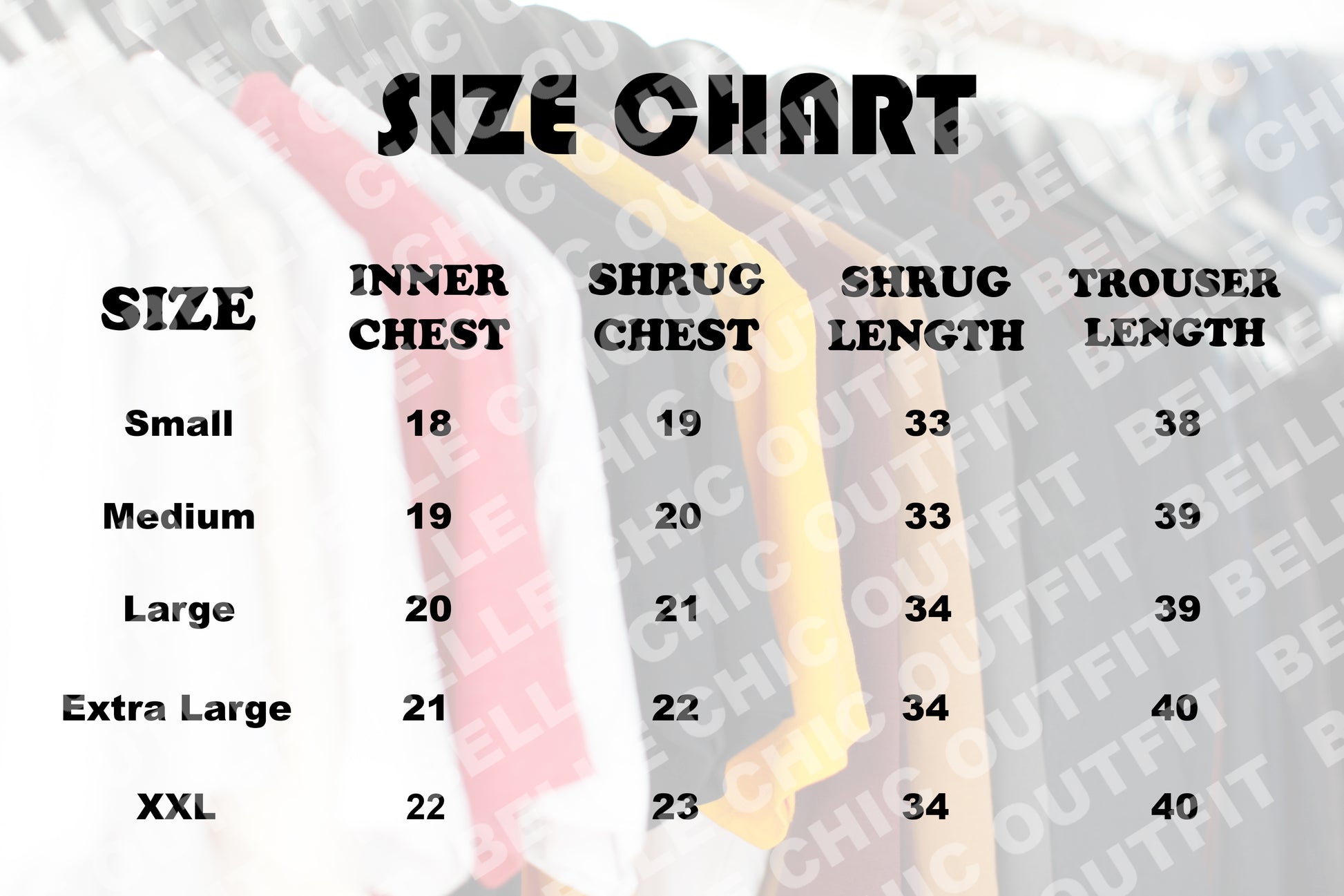 Size chart for 3-piece set: inner chest, shrug chest, trouser length, sizes S-XXL
