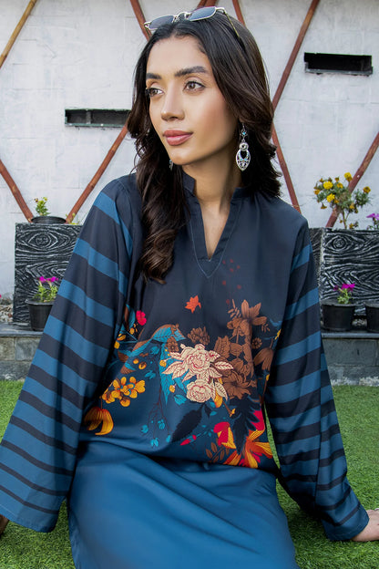 Deep blue 2-piece dress set top with floral embroidery and striped sleeves, close-up