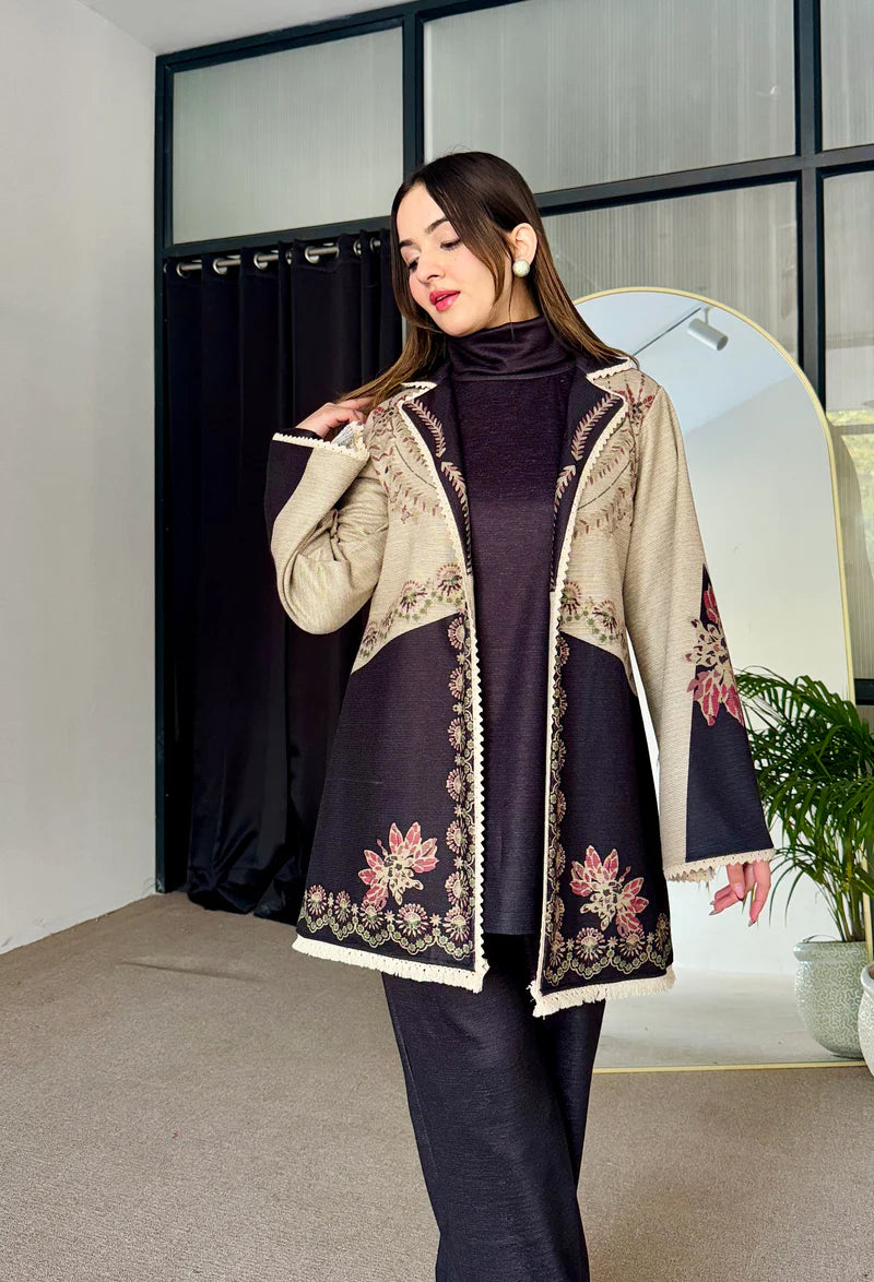 3-piece set: dark mock-neck dress with floral borders and beige outer cape