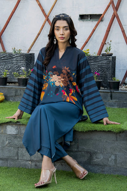 Deep blue 2-piece dress set with floral yoke and striped sleeves, draped front view