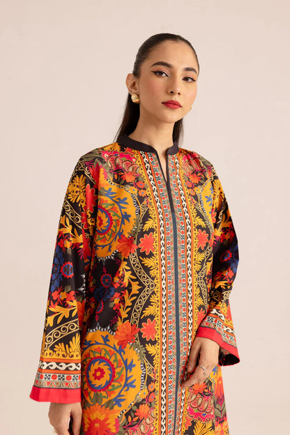 Women's printed tunic front, long sleeves with red trim, matching co-ord pants